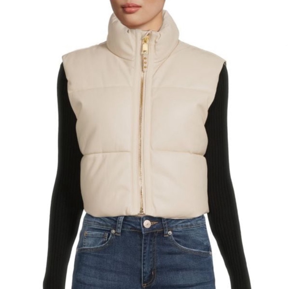 Rebecca Minkoff • Cropped Vegan Leather Puffer Vest • Size XL • Ivory & Gold